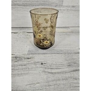 Vintage Smoked Glass Floral Tumbler Mid Century Modern Brown Gold Flower‎ 4 inch